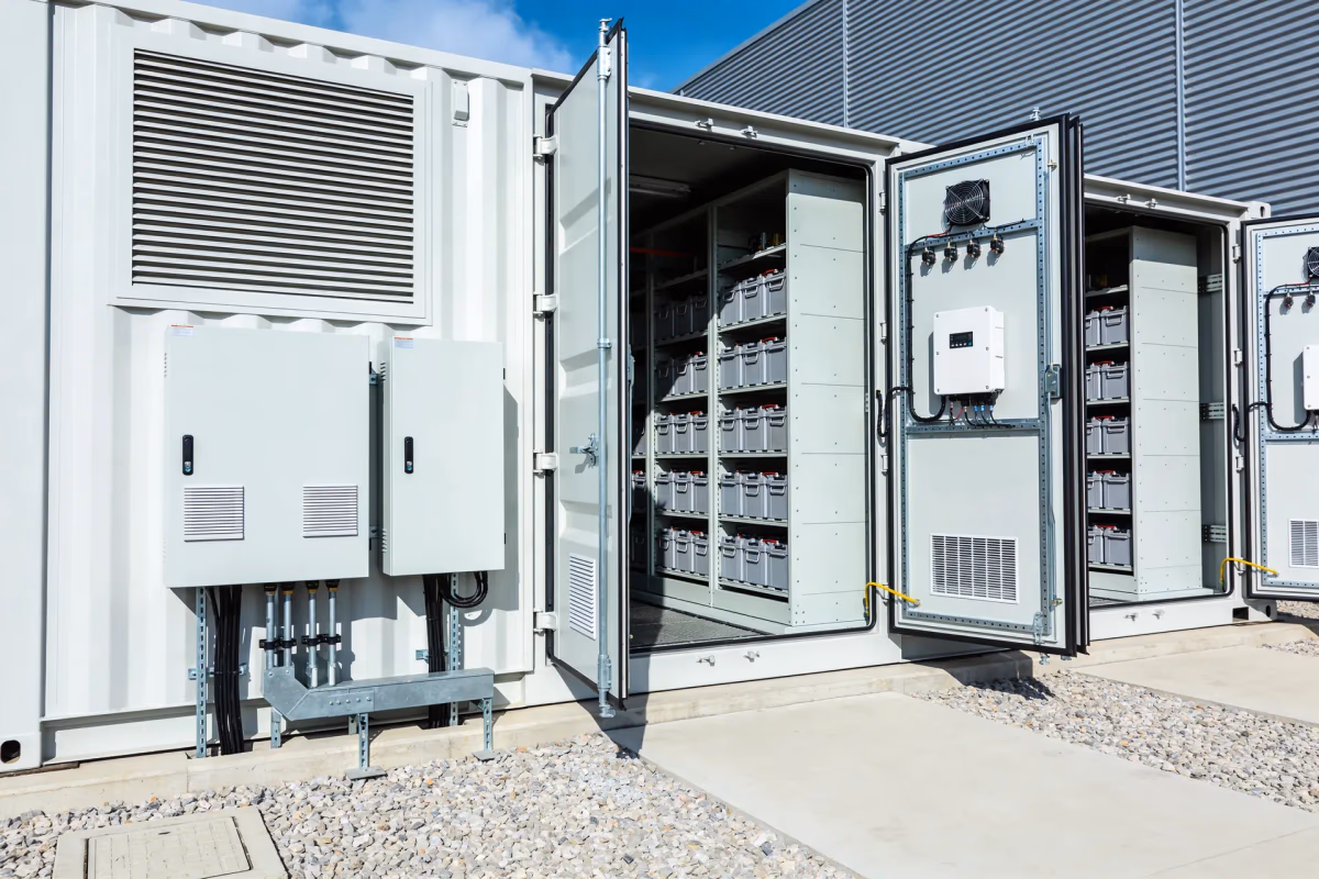 Batterimoduler i ett öppet skåp för energilagring