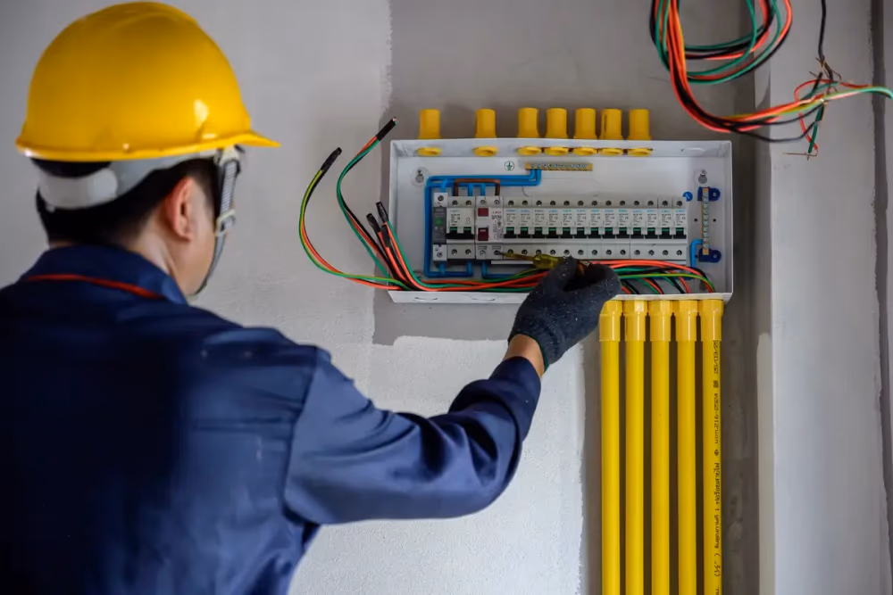 Elektriker i skyddsutrustning kopplar in en ny elcentral