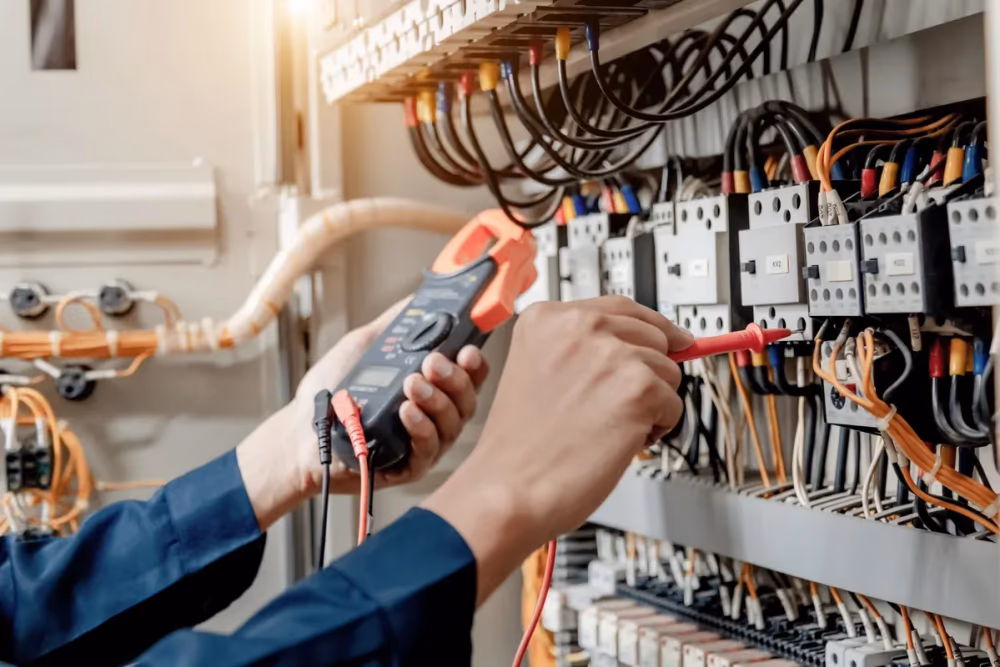 Elektriker kopplar in styrning i en elcentral
